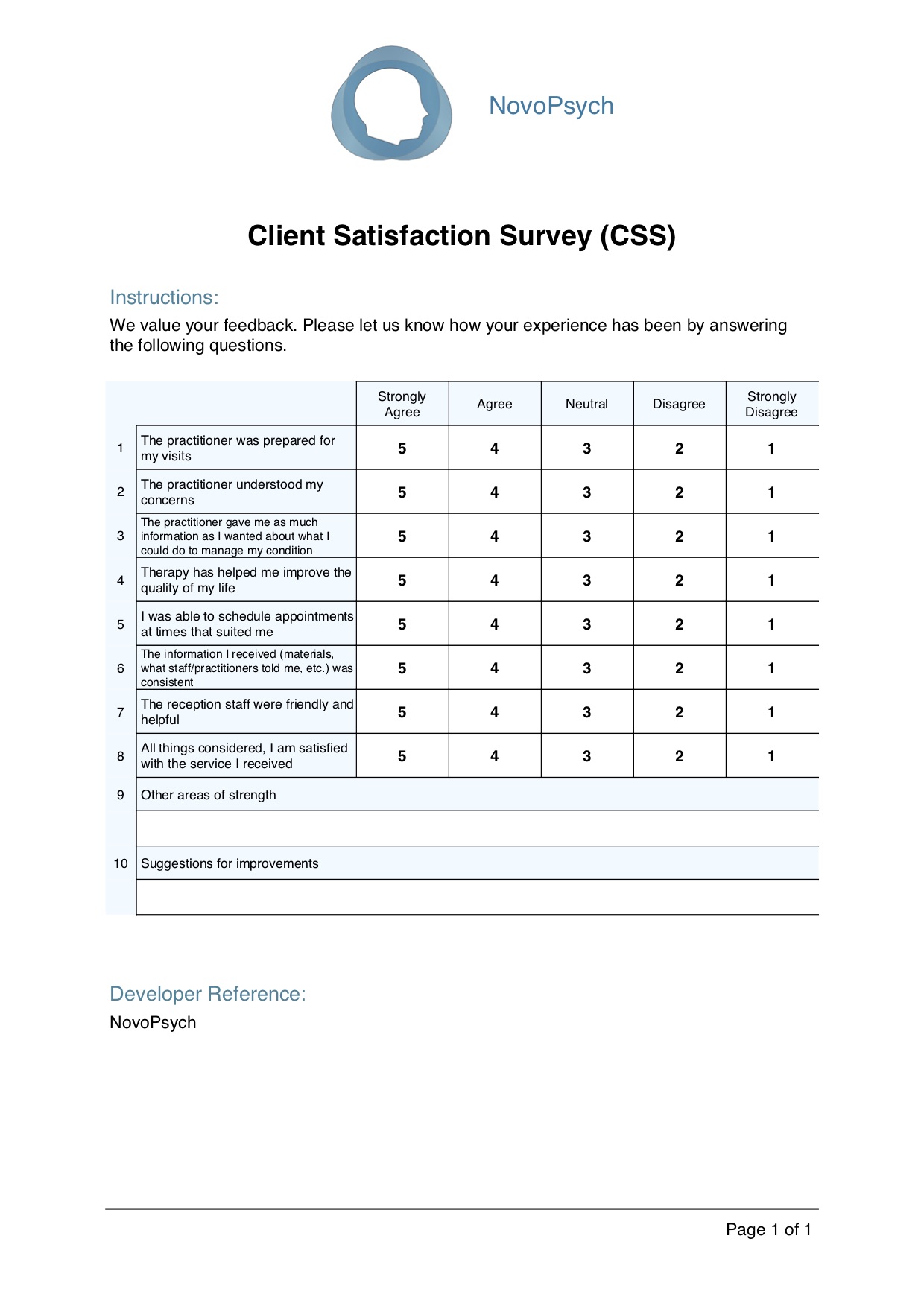 Client Satisfaction Survey Css Novopsych