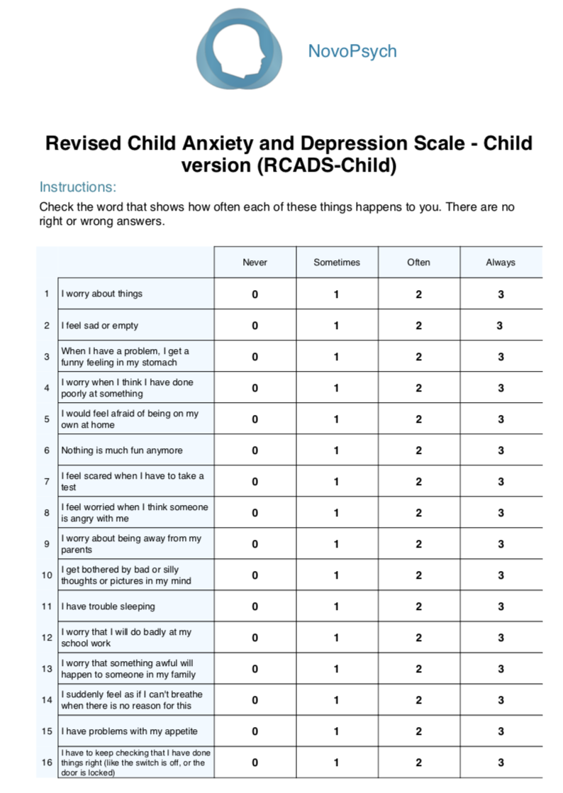 Revised Child Anxiety And Depression Scale Child Rcads Child