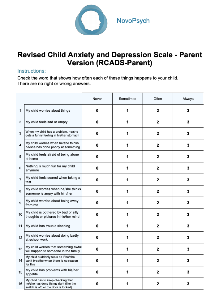 Revised Child Anxiety And Depression Scale Parent RCADS Parent 