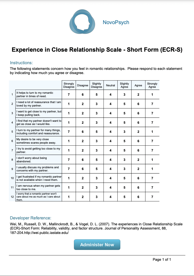 Experience in Close Relationship Scale – Short Form (ECR-S