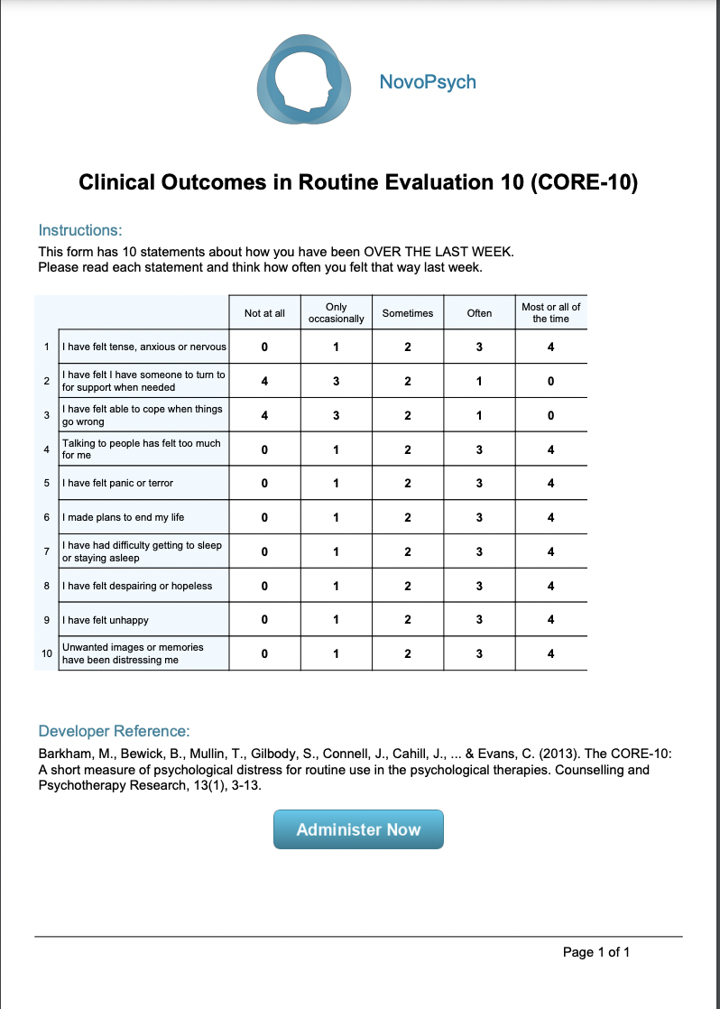 Clinical Outcomes in Routine Evaluation 10 (CORE-10) – NovoPsych