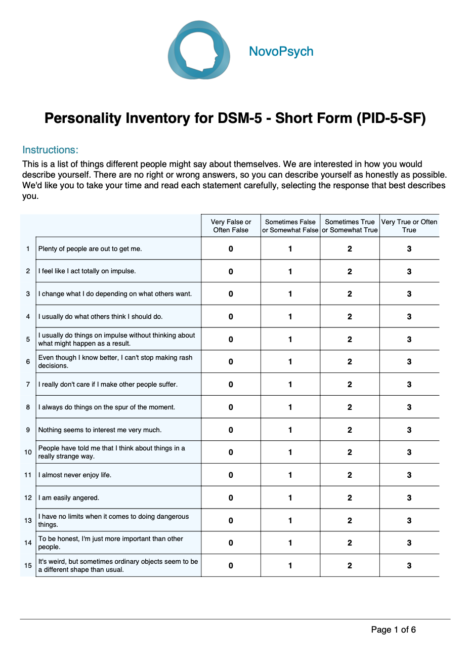 Personality Inventory For DSM 5 Faceted Brief Form 40 OFF